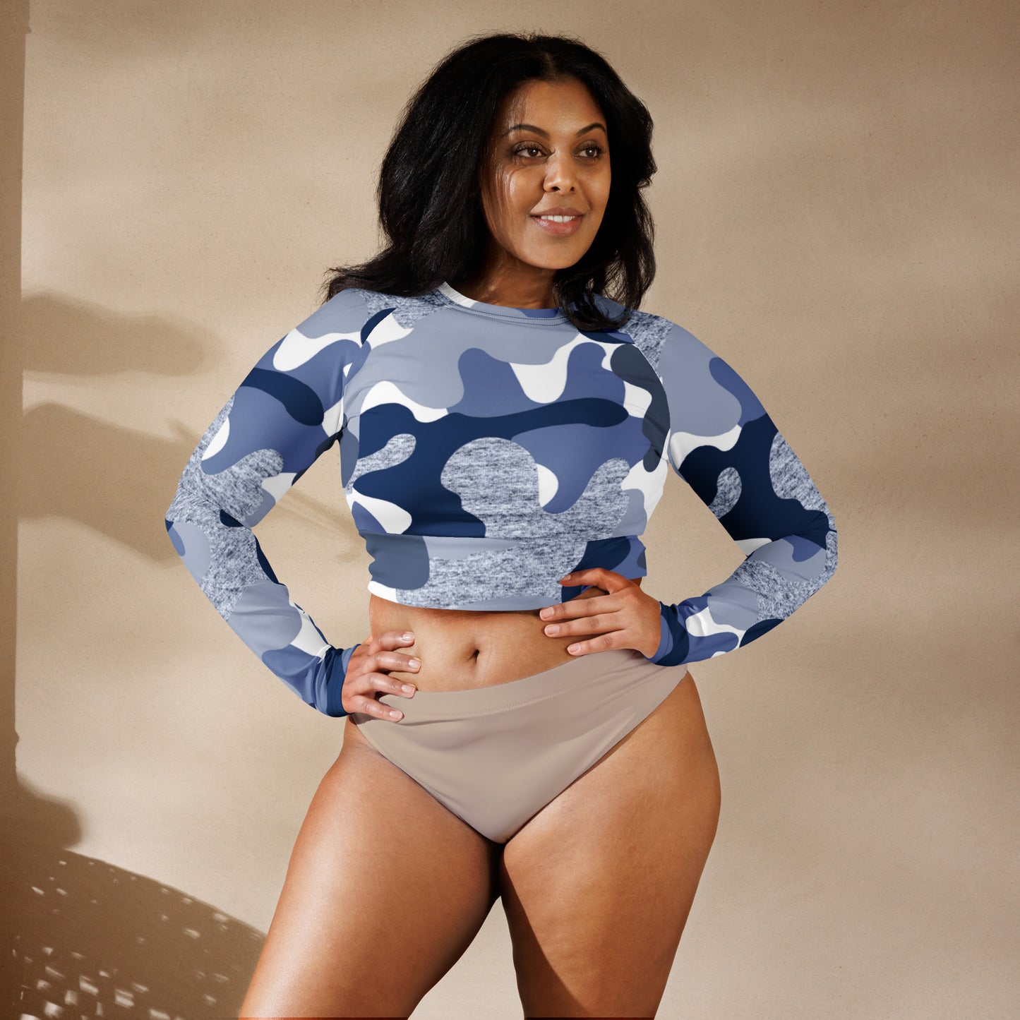 Blue Camo Print Recycled long-sleeve crop top