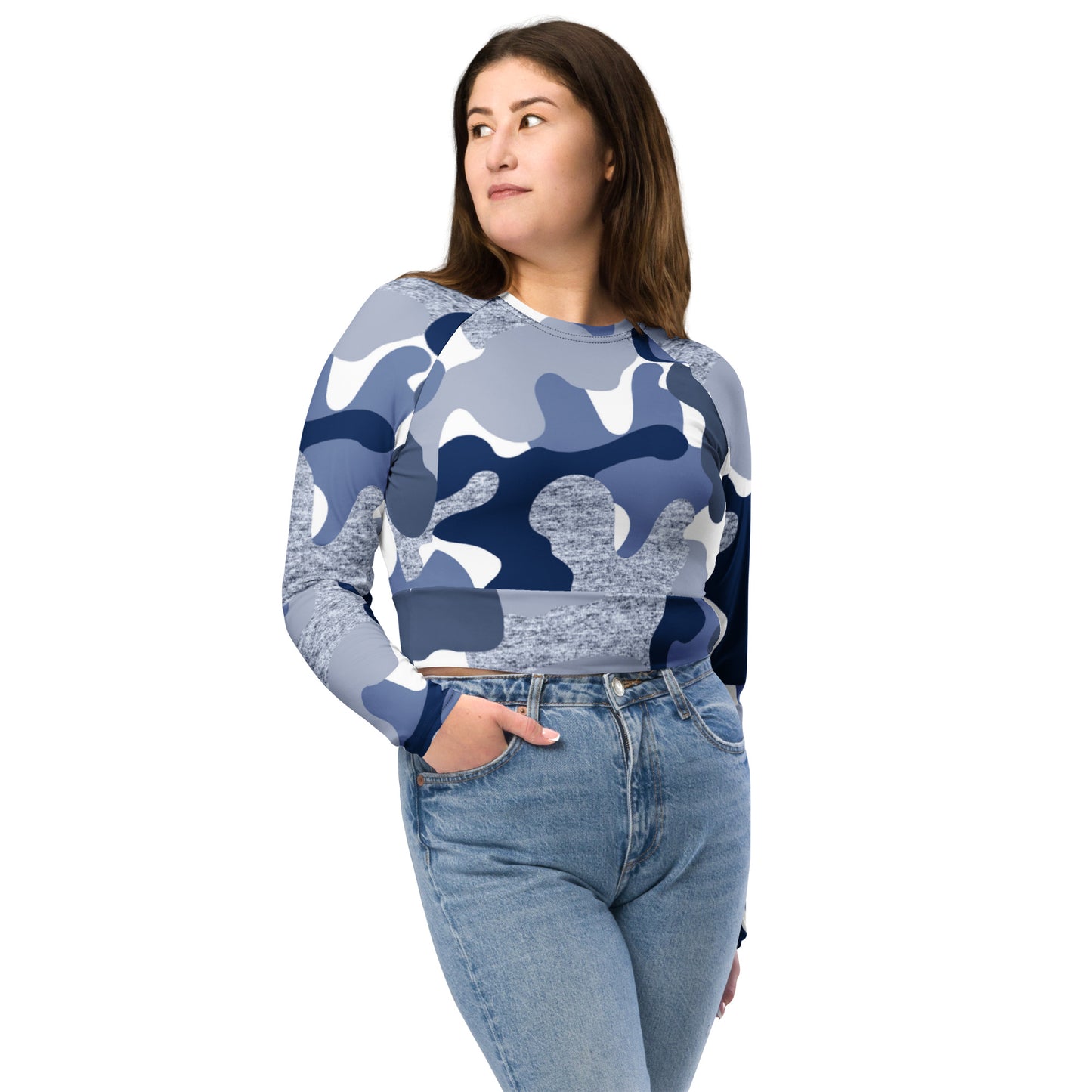 Blue Camo Print Recycled long-sleeve crop top