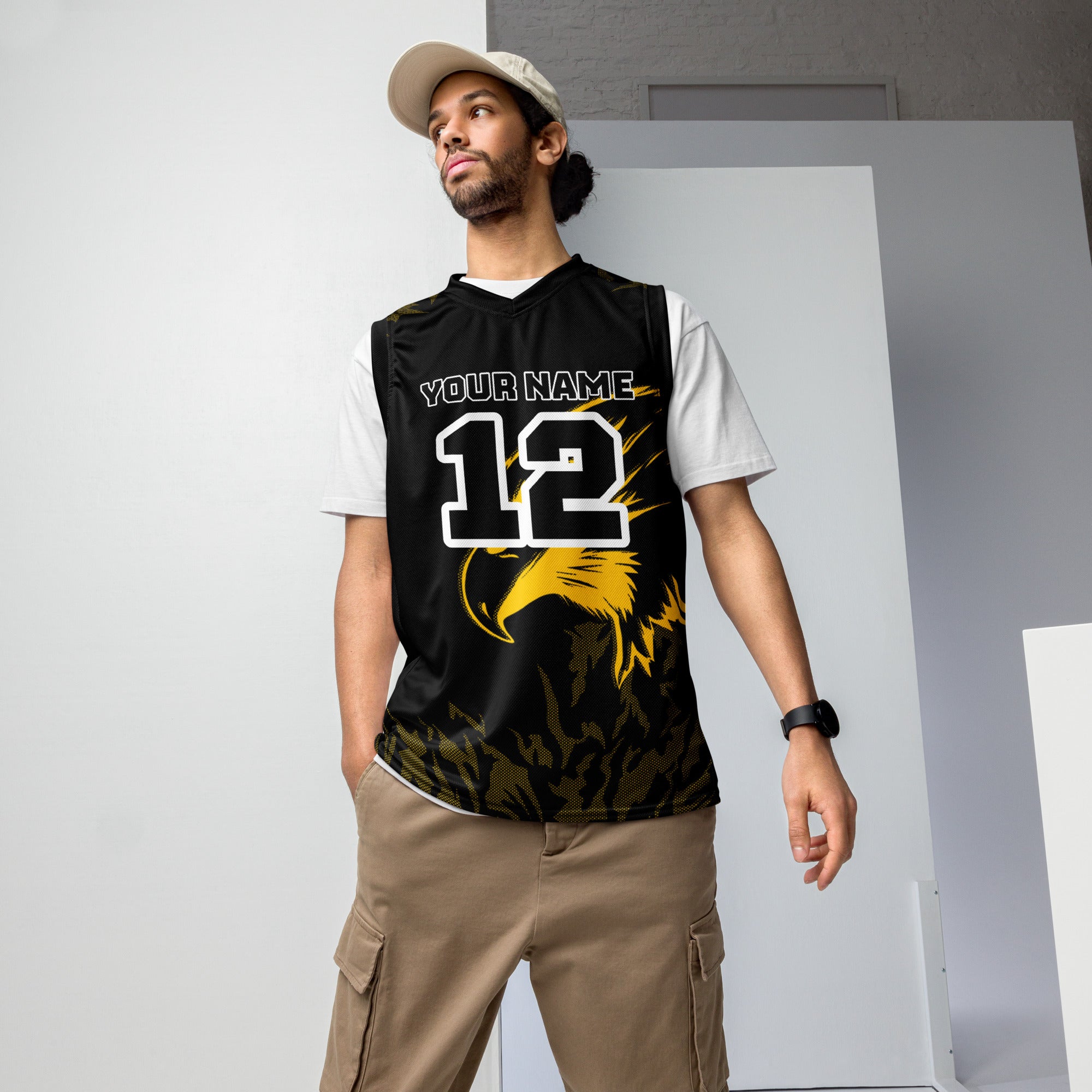 Yellow and Black Bird Print Custom Basketball Jersey