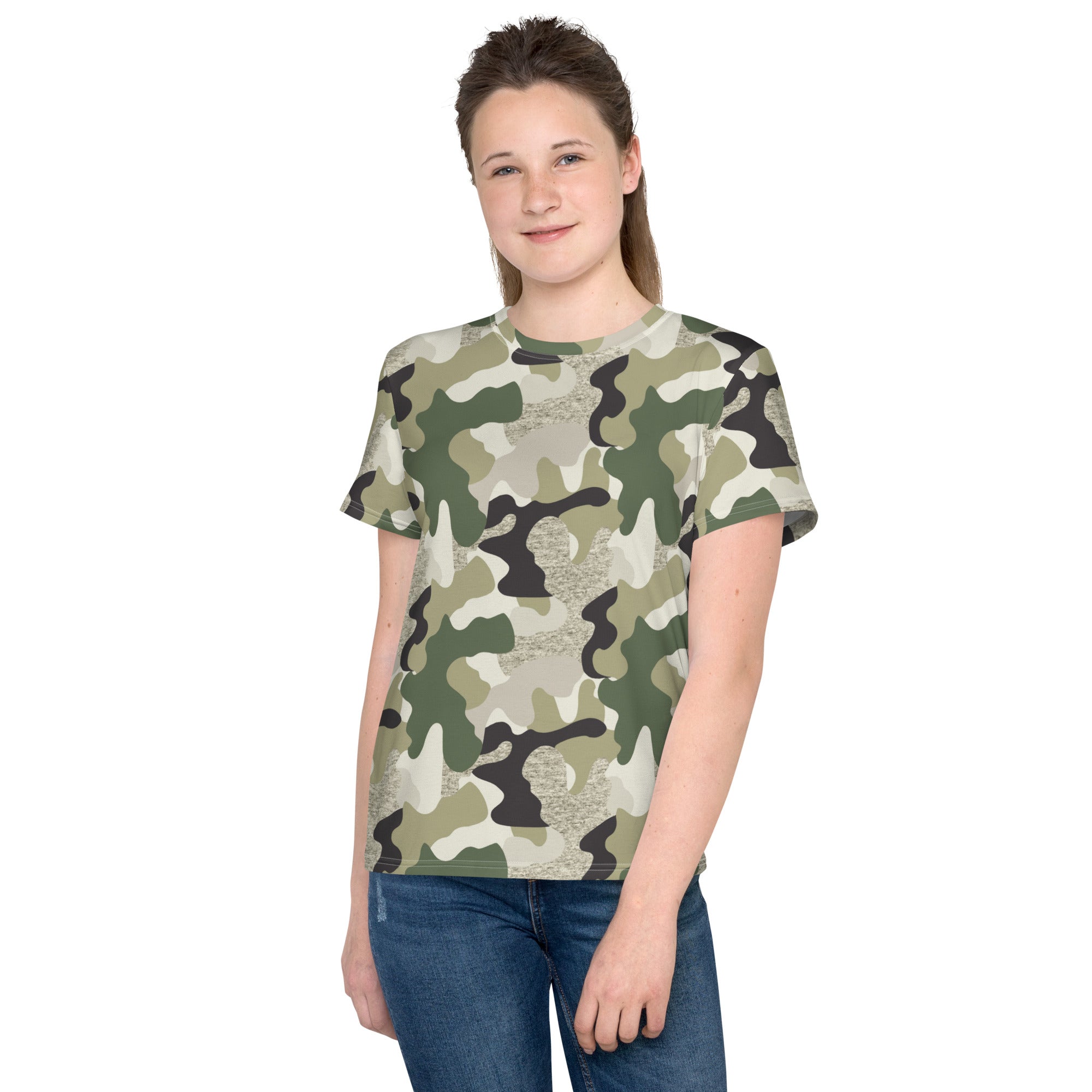 Green Camo Print Youth crew neck t-shirt