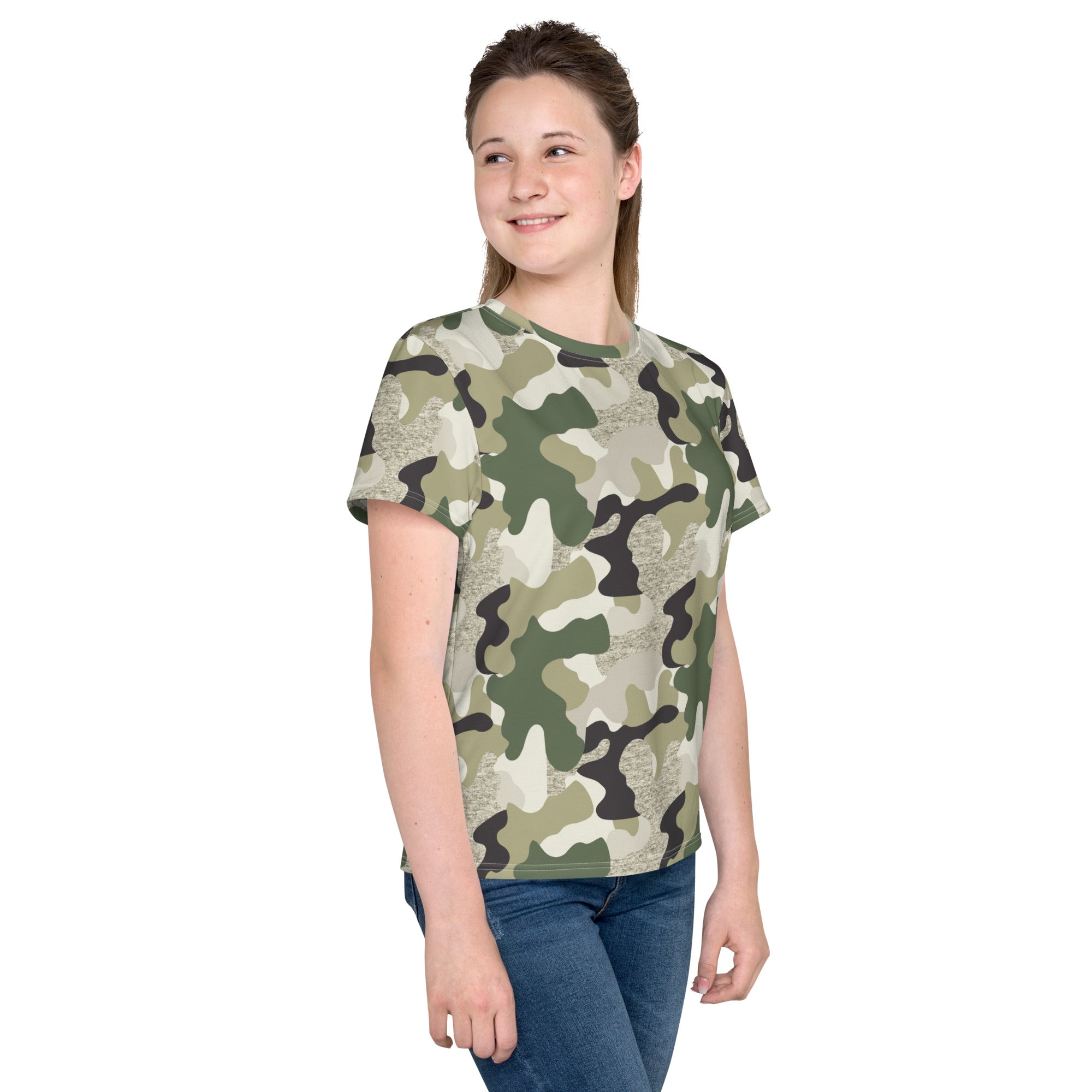 Green Camo Print Youth crew neck t-shirt