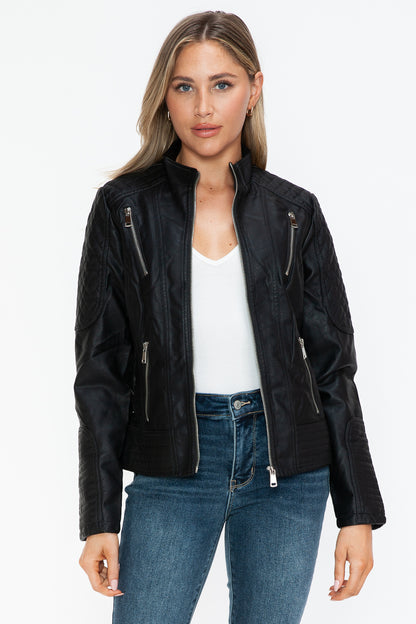 Faux Leather Zip Up Mock Neck Jacket