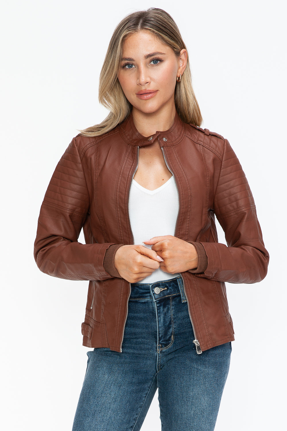 PU Leather Biker Jacket with Side Zip Pockets