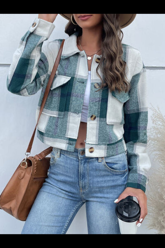 Plaid Button Up Drop Shoulder Cropped Jacket