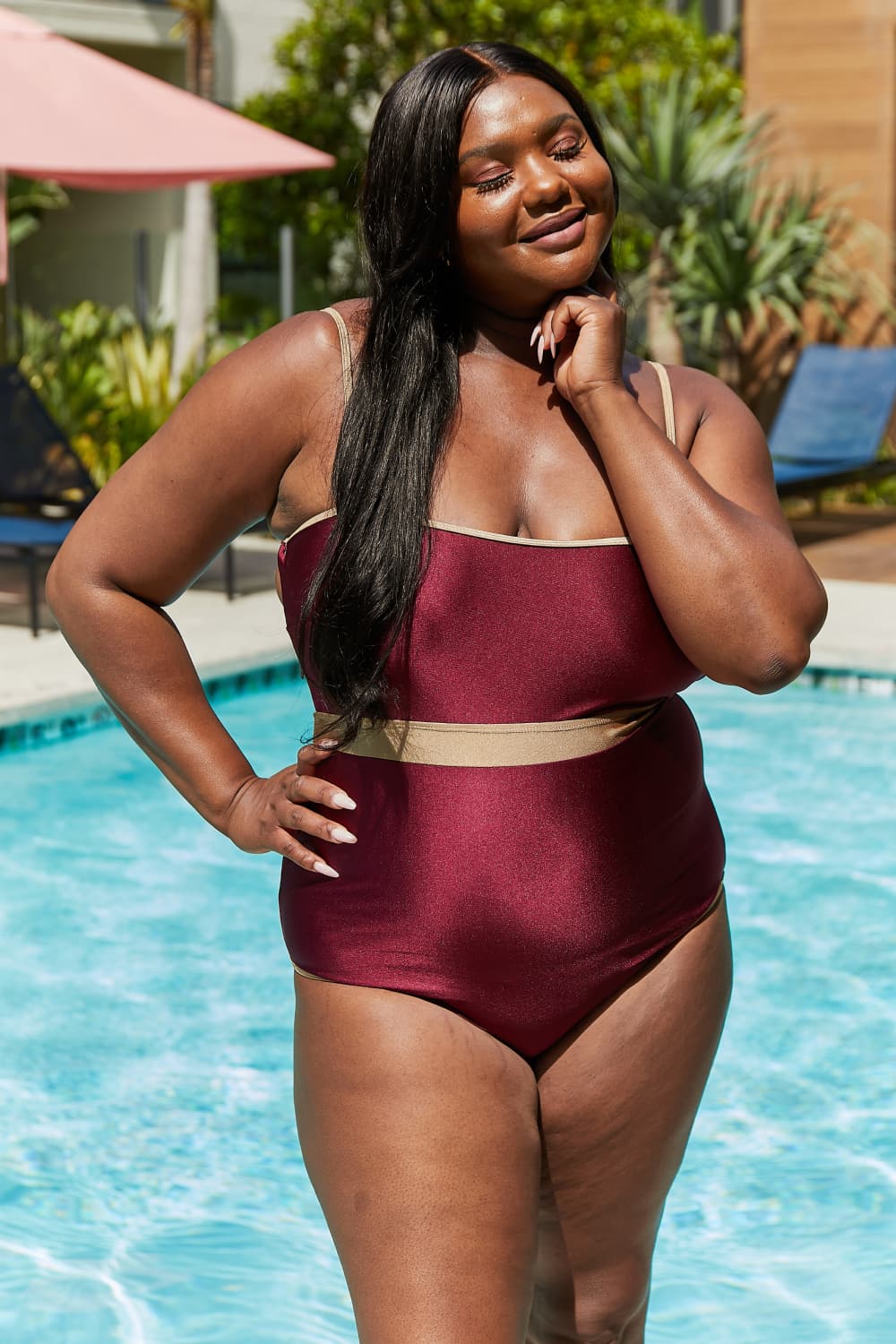 Marina West Wave Break Contrast Trim One-Piece in Wine