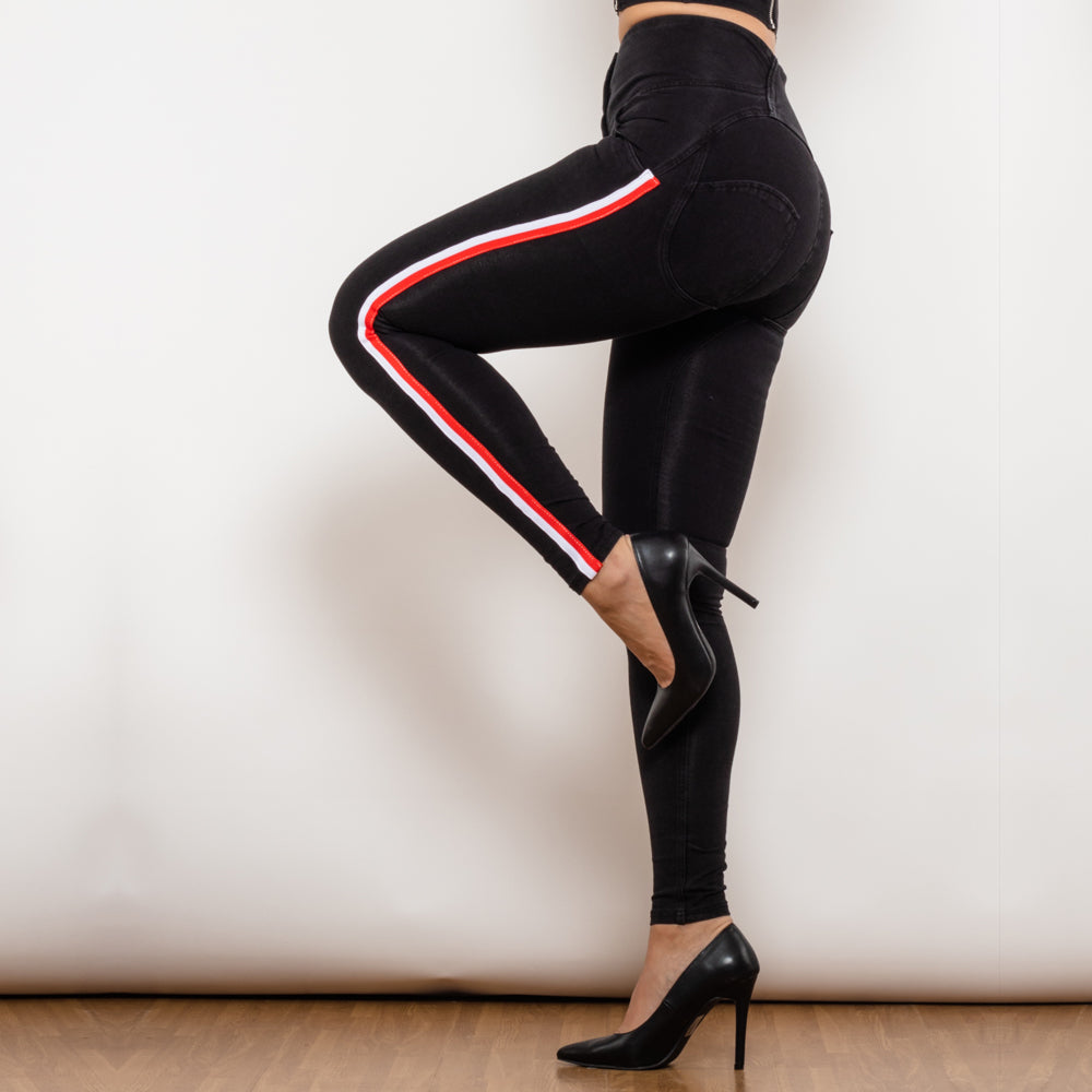 Side Stripe High Waist Black Stretch Bum Lift Pants