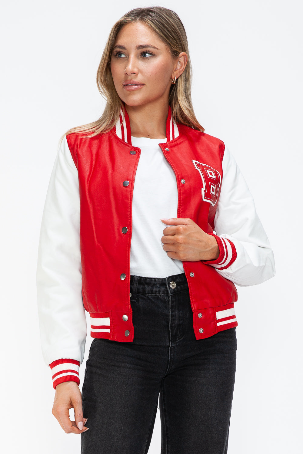 PU Leather Contrast Snap Down Bomber Jacket