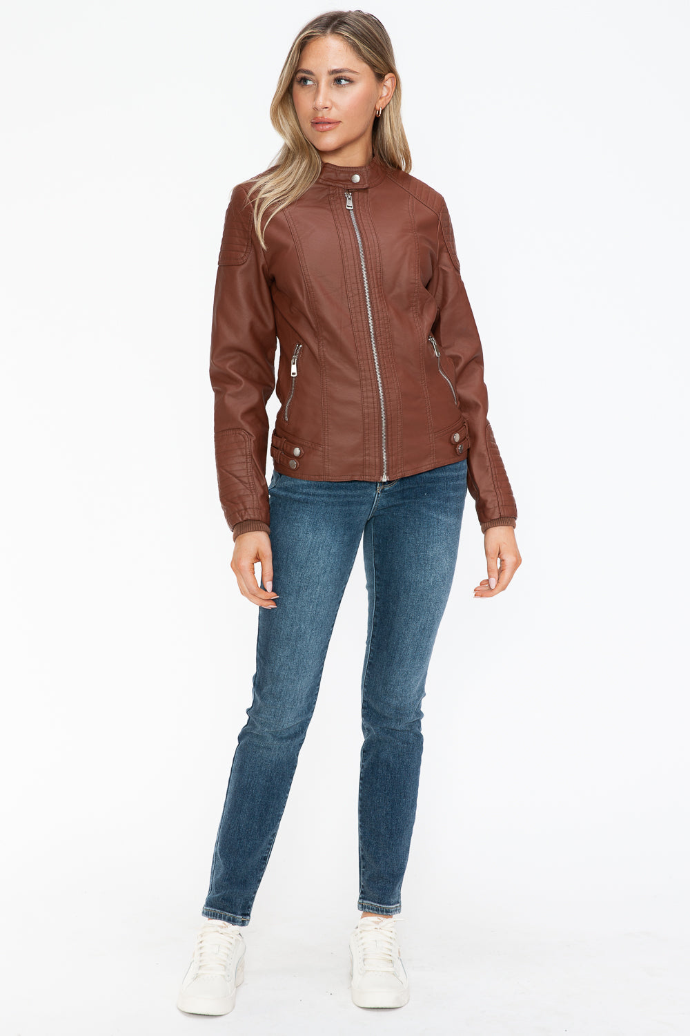 Faux Leather Biker Jacket with Side Zip Pockets