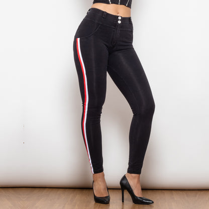 Side Stripe Middle Waist Dark Thread Black Butt Lift Jeans