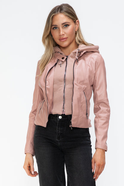 Faux Leather Zip Up Drawstring Hooded Jacket