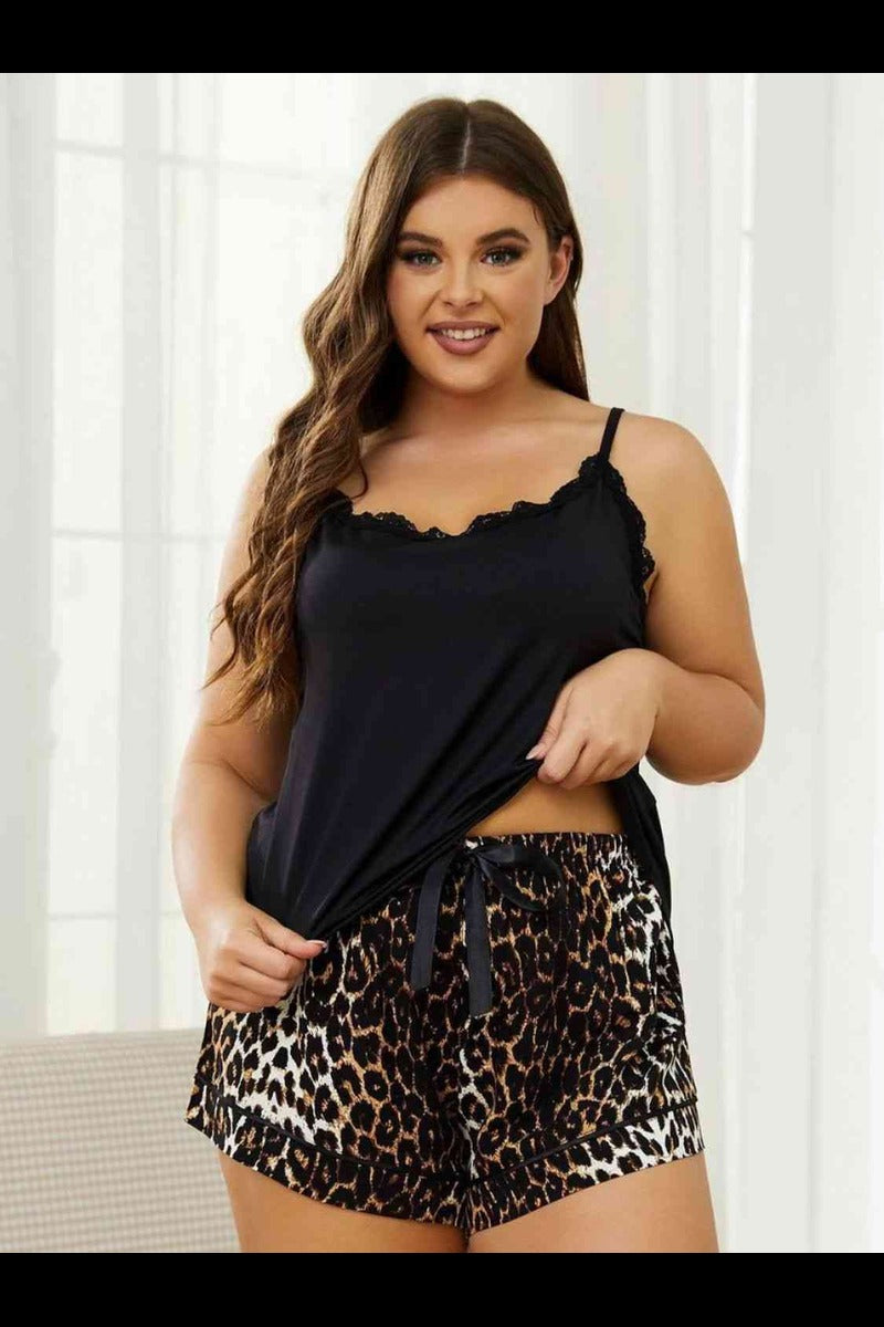 Plus Size Lace Trim Scoop Neck Cami and Printed Shorts Pajama Set