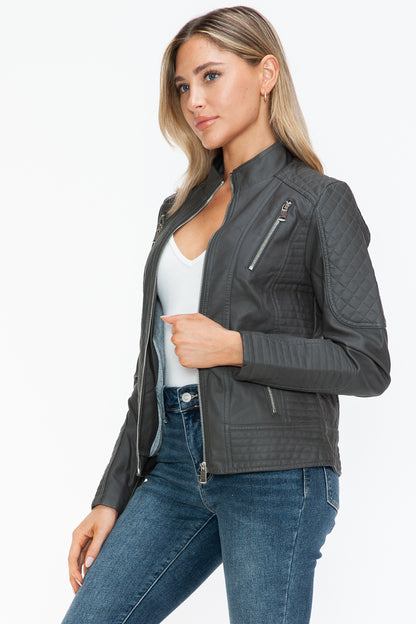 Faux Leather Zip Up Mock Neck Jacket