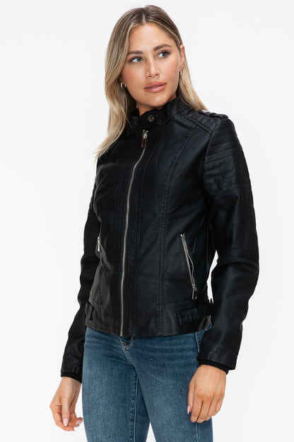 PU Leather Biker Jacket with Side Zip Pockets