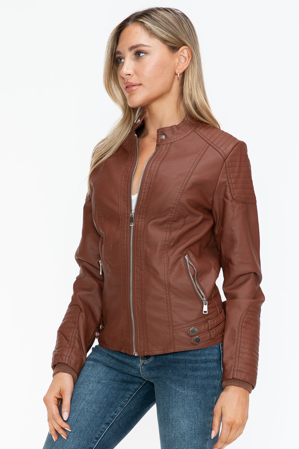 Faux Leather Biker Jacket with Side Zip Pockets