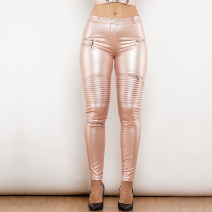 Fashion Pink Faux Leather Biker Pants