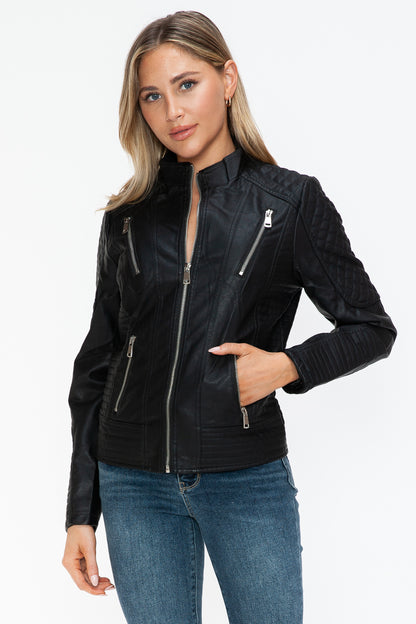 Faux Leather Zip Up Mock Neck Jacket