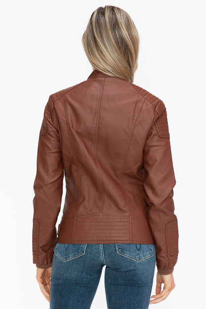 Faux Leather Biker Jacket with Side Zip Pockets