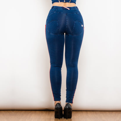 White & Red Side Stripe Dark Blue Denim Butt Lift Jeans