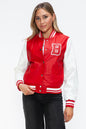 PU Leather Contrast Snap Down Bomber Jacket