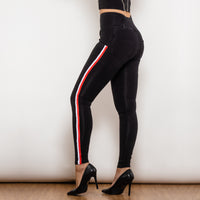 Side Stripe High Waist Black Stretch Bum Lift Pants