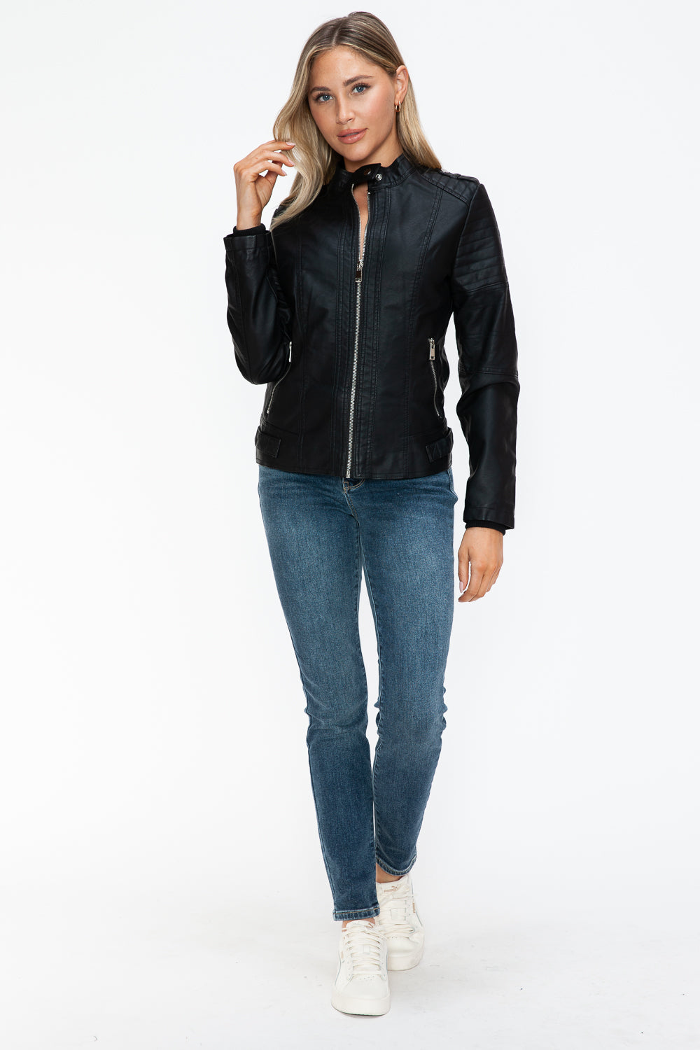 PU Leather Biker Jacket with Side Zip Pockets