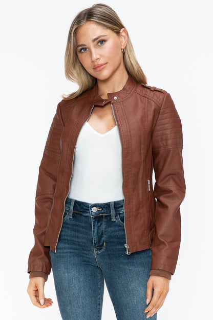 PU Leather Biker Jacket with Side Zip Pockets