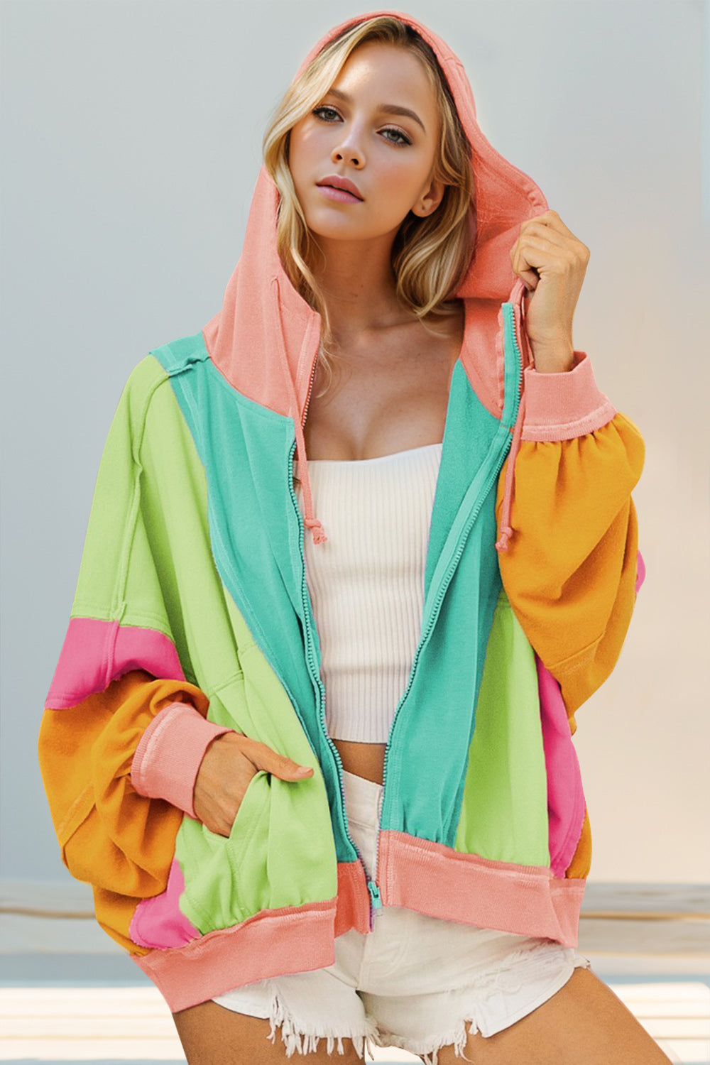 Full Size Color Block Zip Up Hoodie