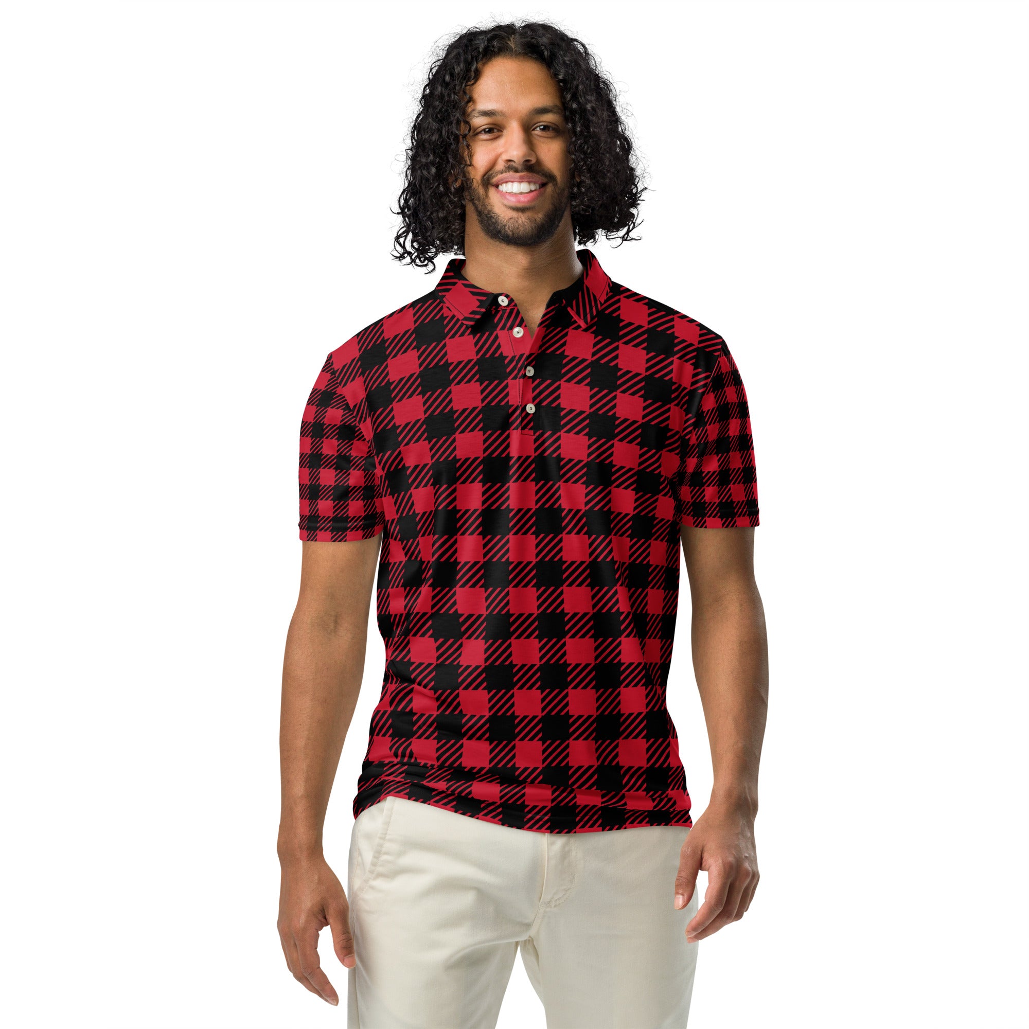 Black and Red Checker Print Men’s slim fit polo
