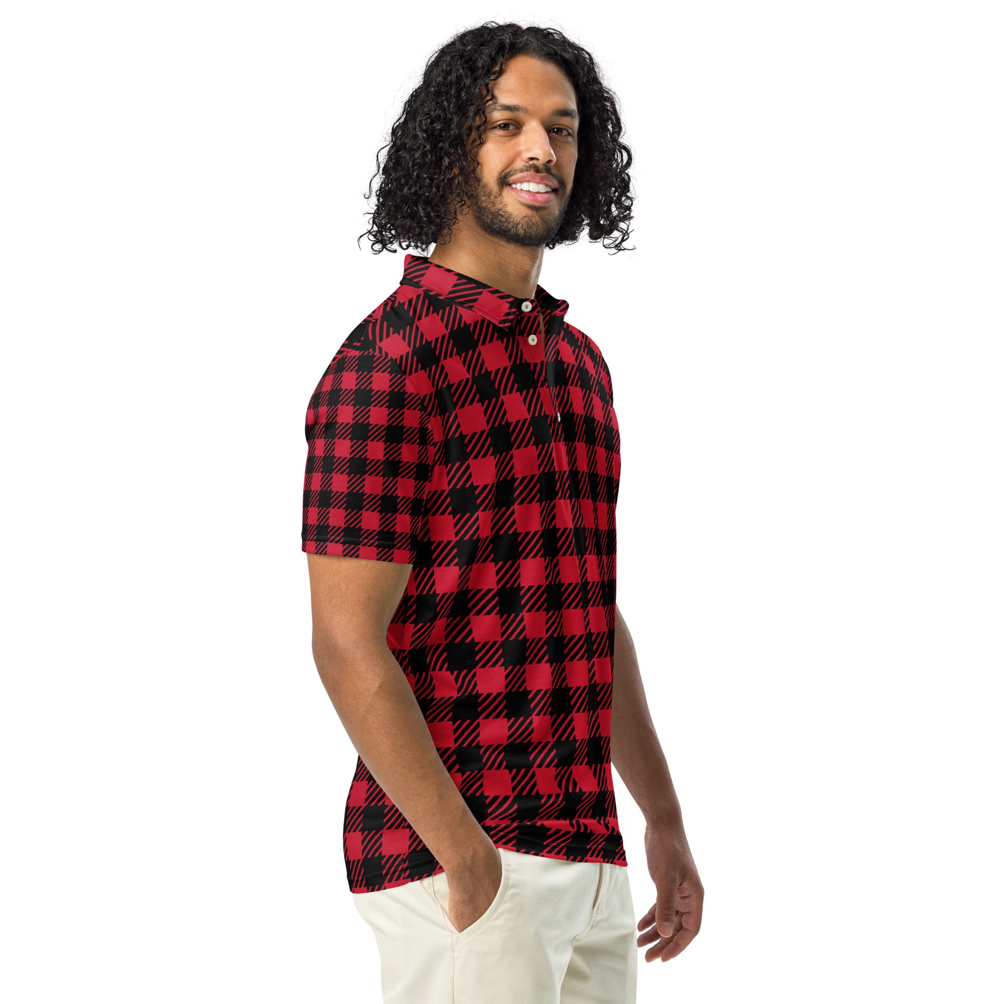 Black and Red Checker Print Men’s slim fit polo