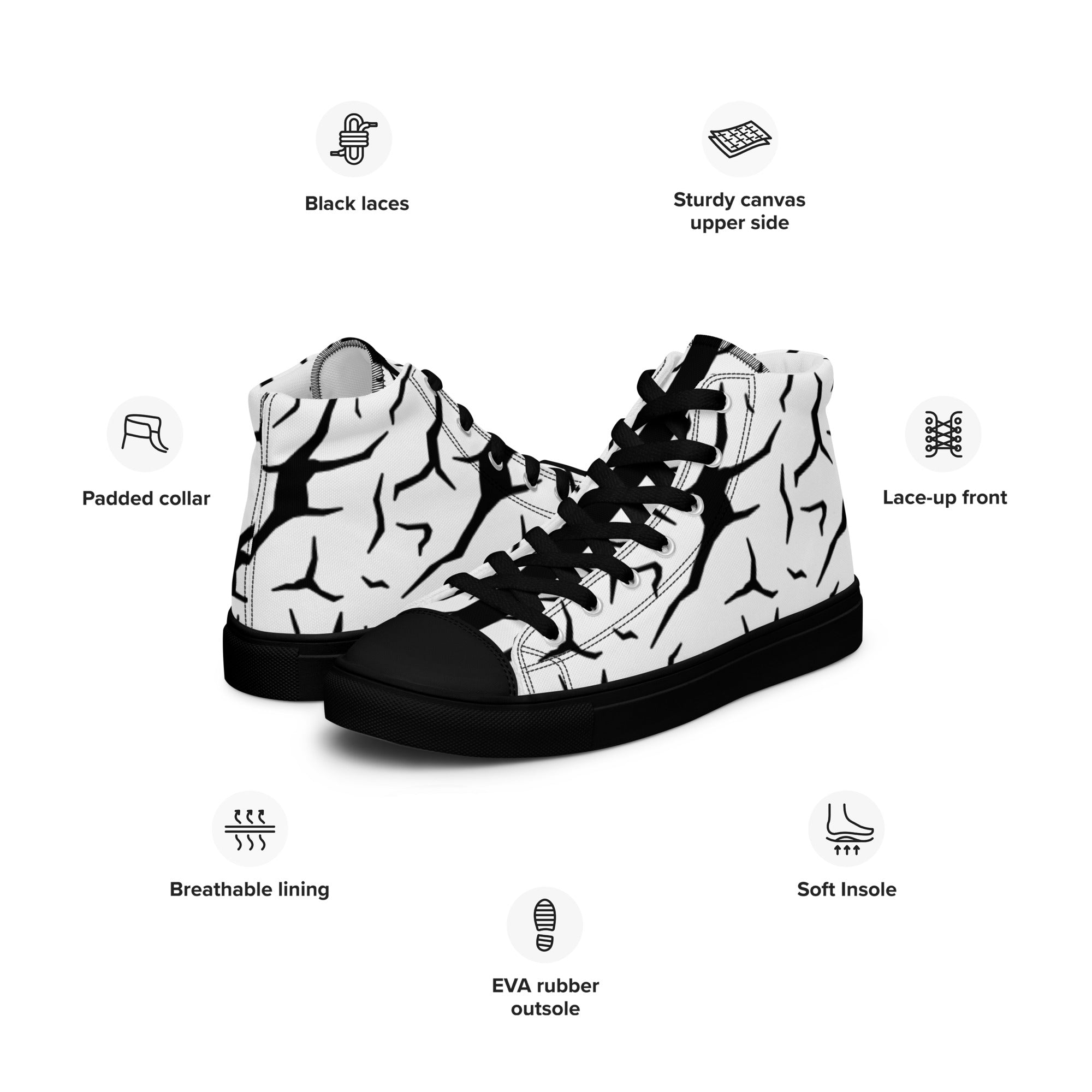 Black and White Cracked Print Men’s high top canvas shoes