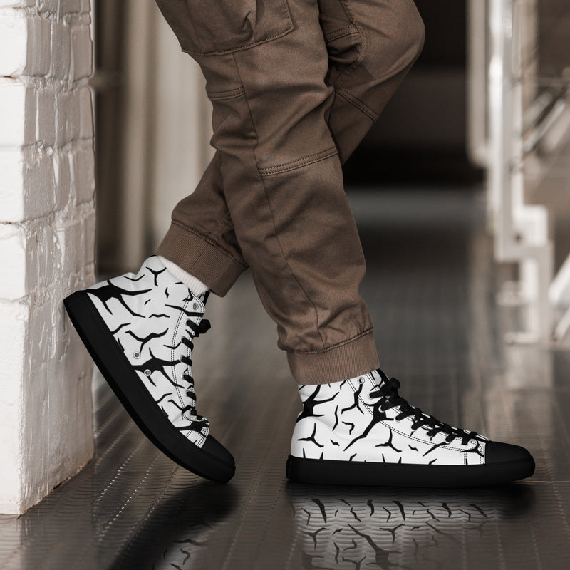 Black and White Cracked Print Men’s high top canvas shoes