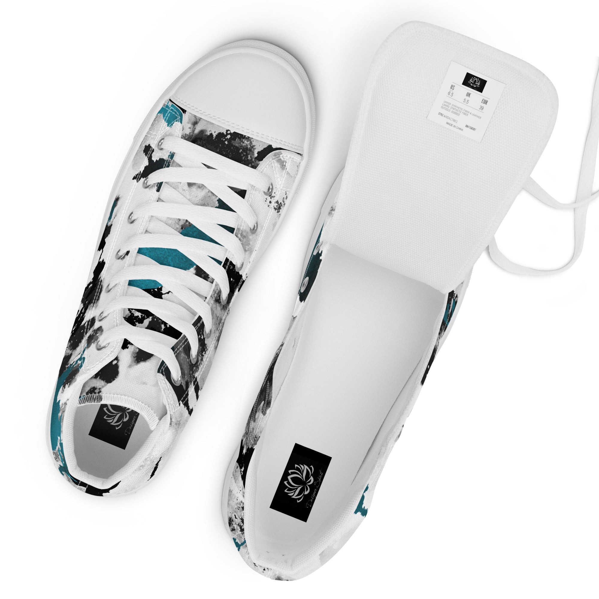 Blue and White Print Men’s high top canvas shoes