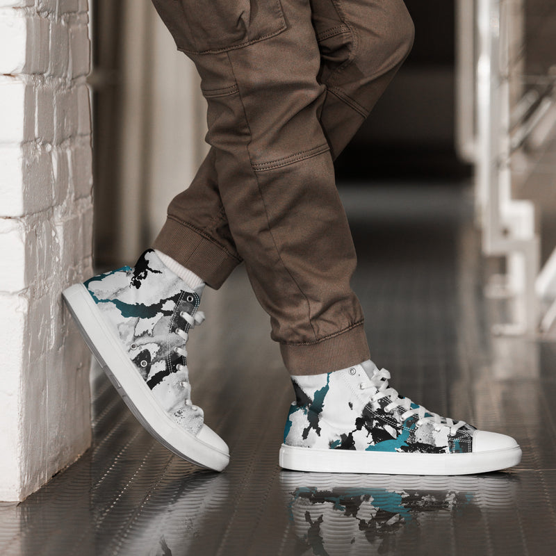 Blue and White Print Men’s high top canvas shoes