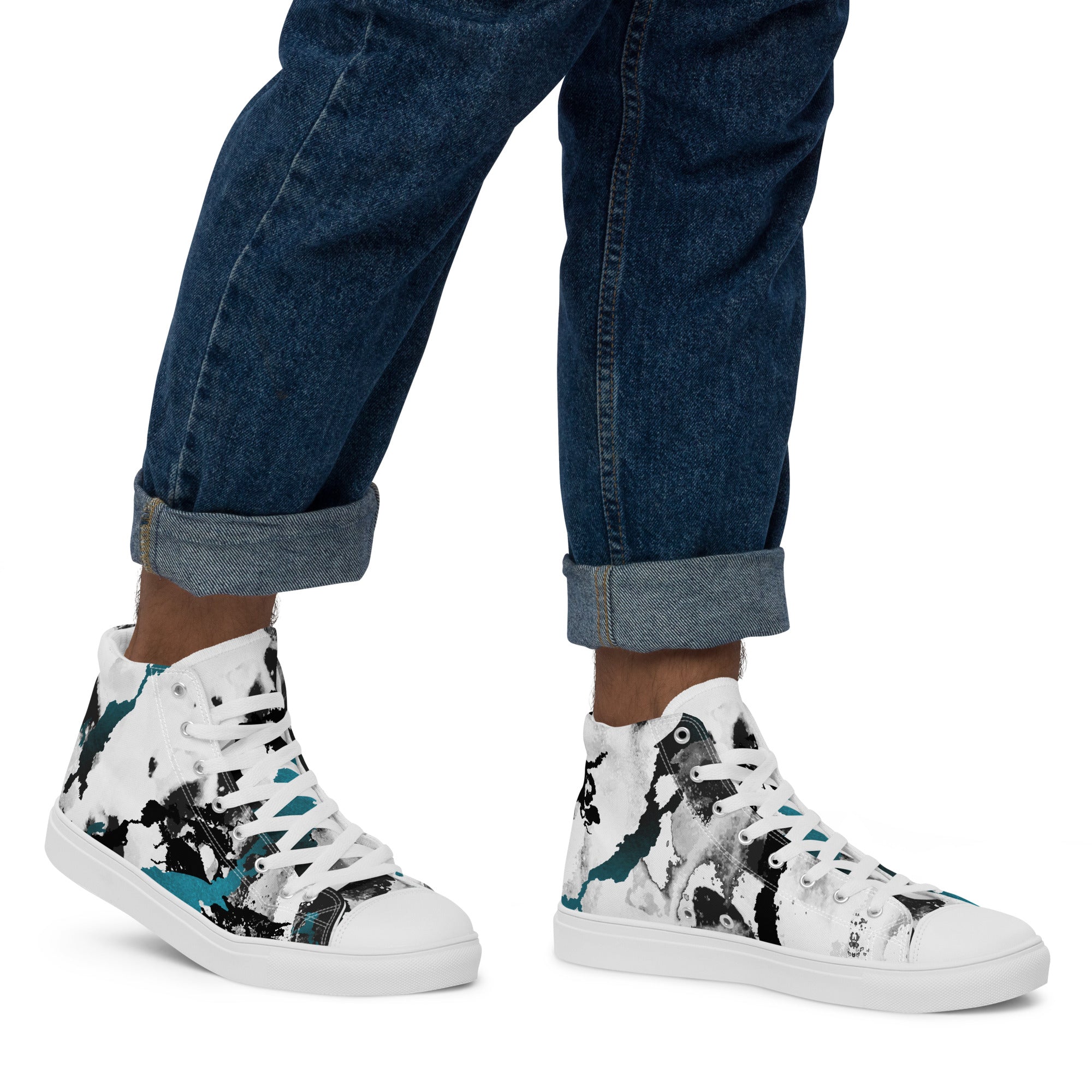 Blue and White Print Men’s high top canvas shoes