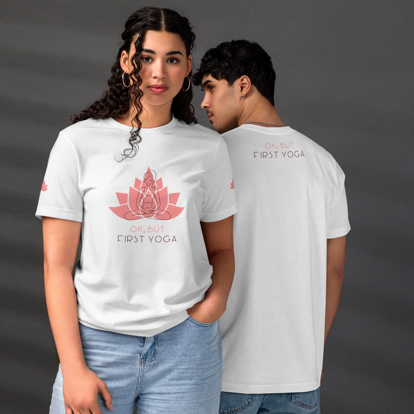 Okay But First Yoga Unisex staple eco t-shirt