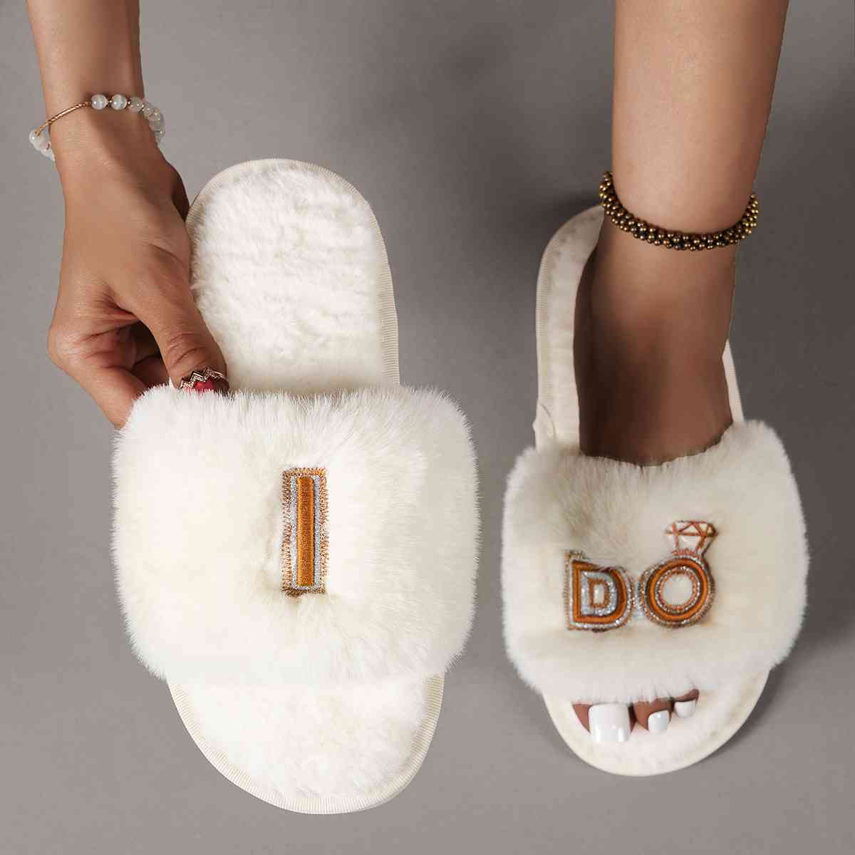 I Do Faux Fur Open Toe Slippers