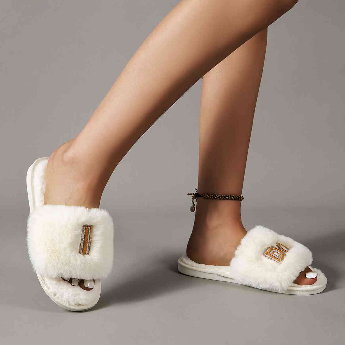 I Do Faux Fur Open Toe Slippers