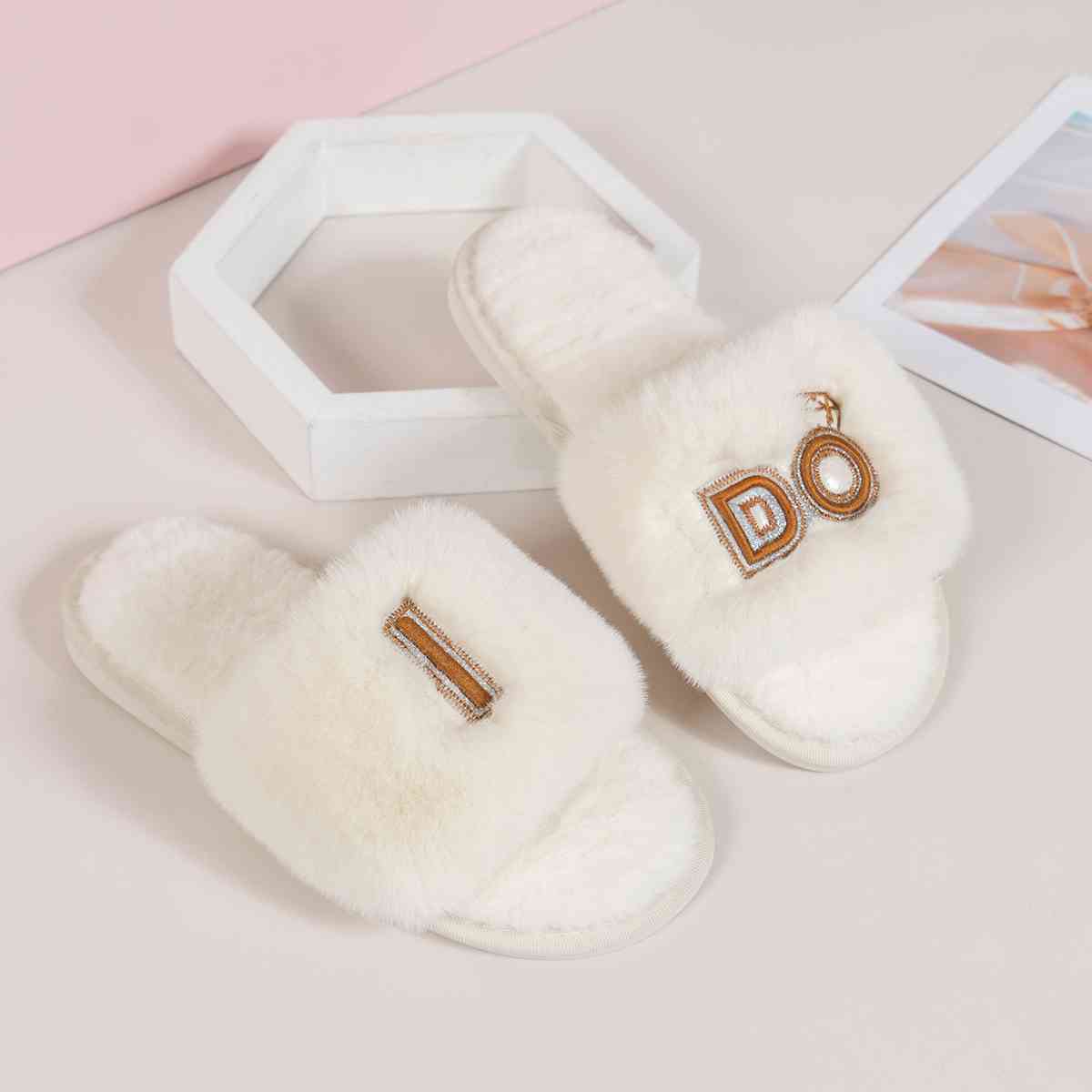 I Do Faux Fur Open Toe Slippers