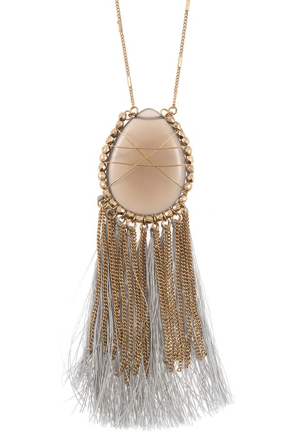 Elognated wrapped gem tassel pendant necklace