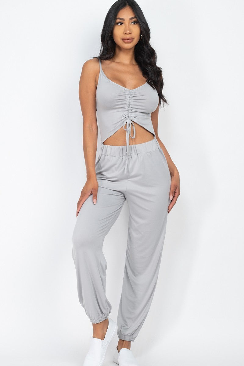 Front Ruched With Adjustable String Cami Casual Jumpsuit