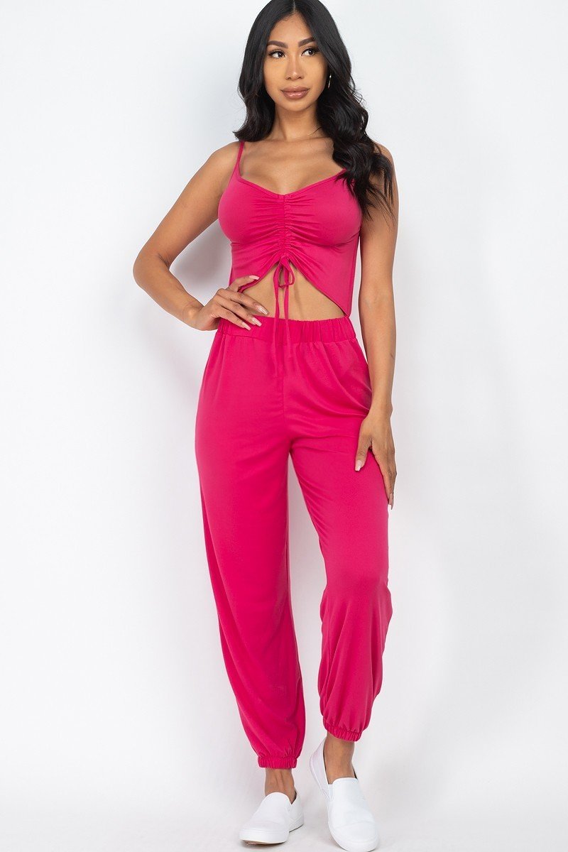 Front Ruched With Adjustable String Cami Casual Jumpsuit