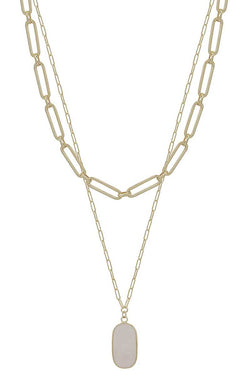 2 Layered Metal Chain Stone Pendant Necklace