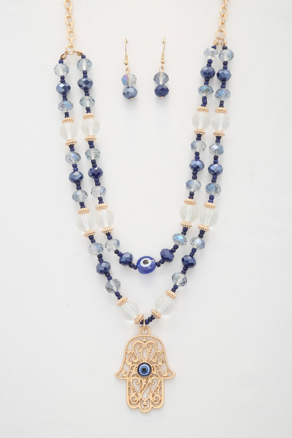 Hamsa hand pendant beaded layered necklace