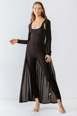 Sleeveless Cut-out Detail Jumpsuit & Open Front Long Sleeve Cardigan Set