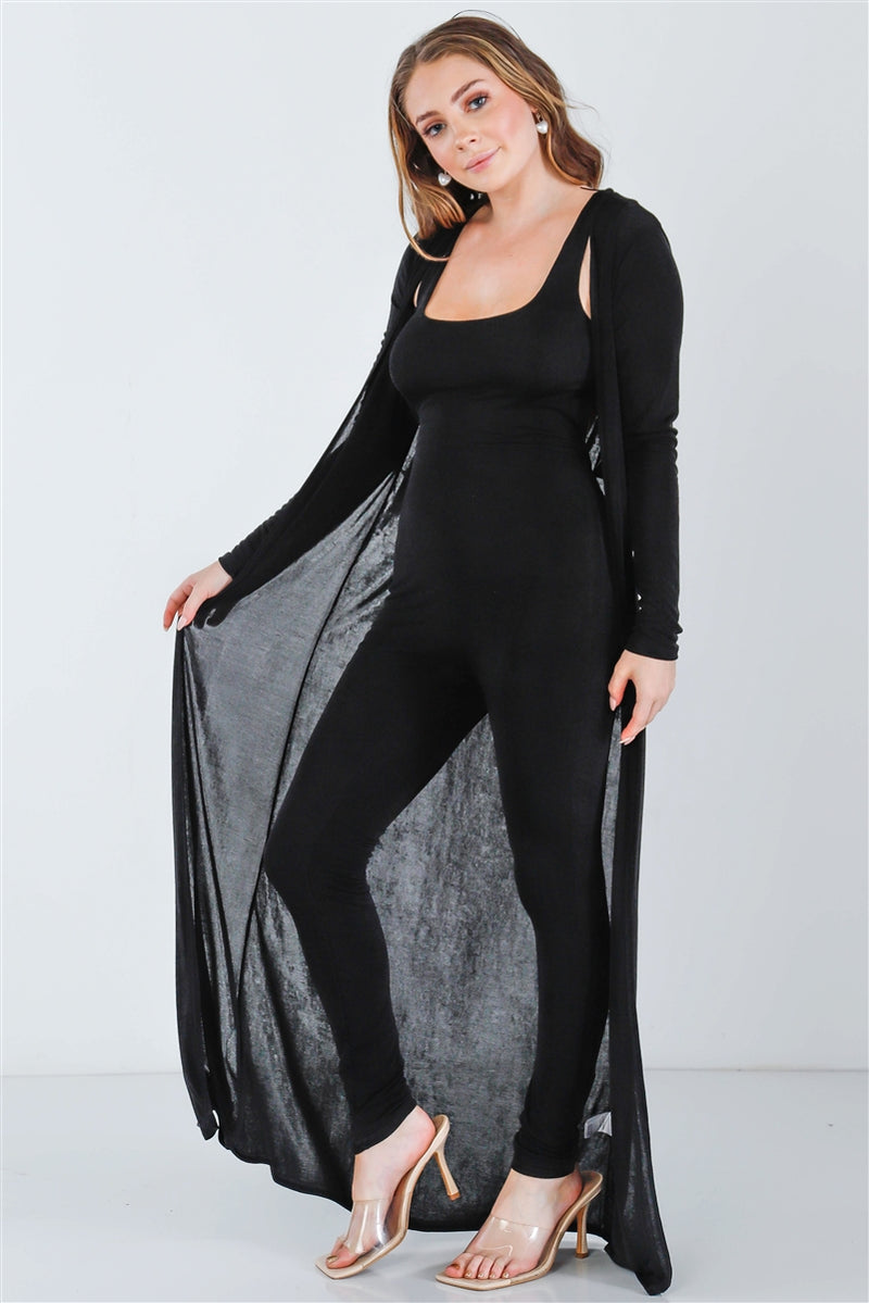 Sleeveless Cut-out Detail Jumpsuit & Open Front Long Sleeve Cardigan Set