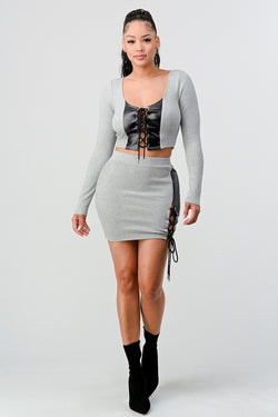Cropped Long Sleeve Shirt with Pu Leather Detail Matching Mini Skirt Set