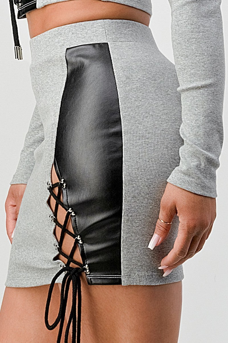 Cropped Long Sleeve Shirt with Pu Leather Detail Matching Mini Skirt Set