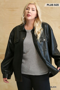 Faux Leather Button Down Shacket With Side Pockets