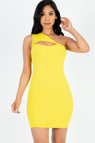 Ribbed One Shoulder Cutout Front Mini Bodycon Dress