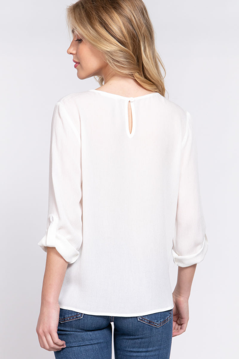 Solid 3/4 Roll Up Slv Pleated Blouse